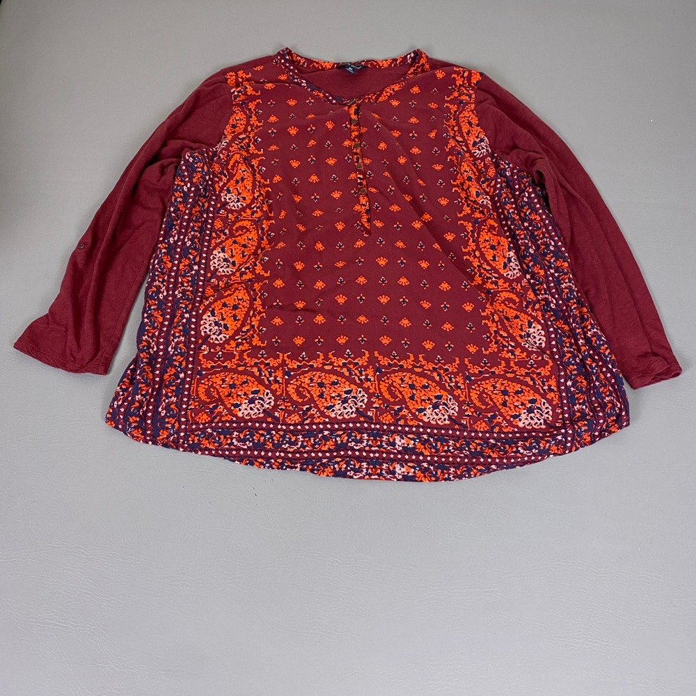 Lucky Brand Tunic Top Women's Plus Size 3X Burgundy Orange Paisley Henley‎ Boho